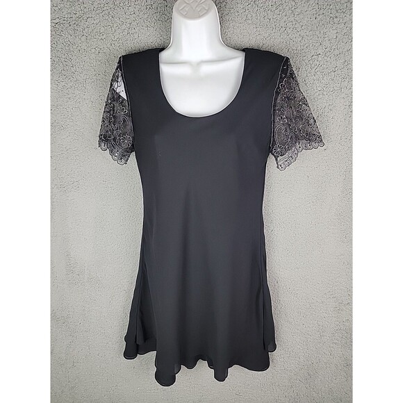 VTG Jeffrey Dara Tom Barra 8 Rhinestone Lace Sleeve Black Dress 90s Flared Y2K - Picture 15 of 16